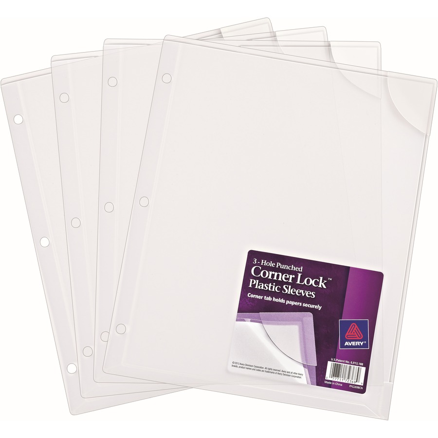 Avery Corner Lock 3-Hole Punched Plastic Sleeves, Clear, 4 Pack